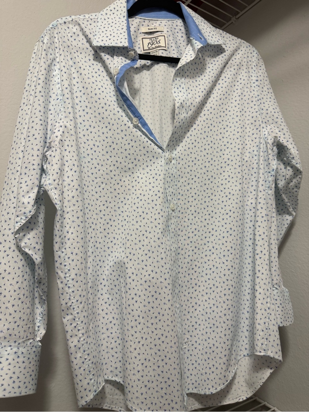 Jos. A. Bank White Button-Down Shirt with Blue Micro Motif